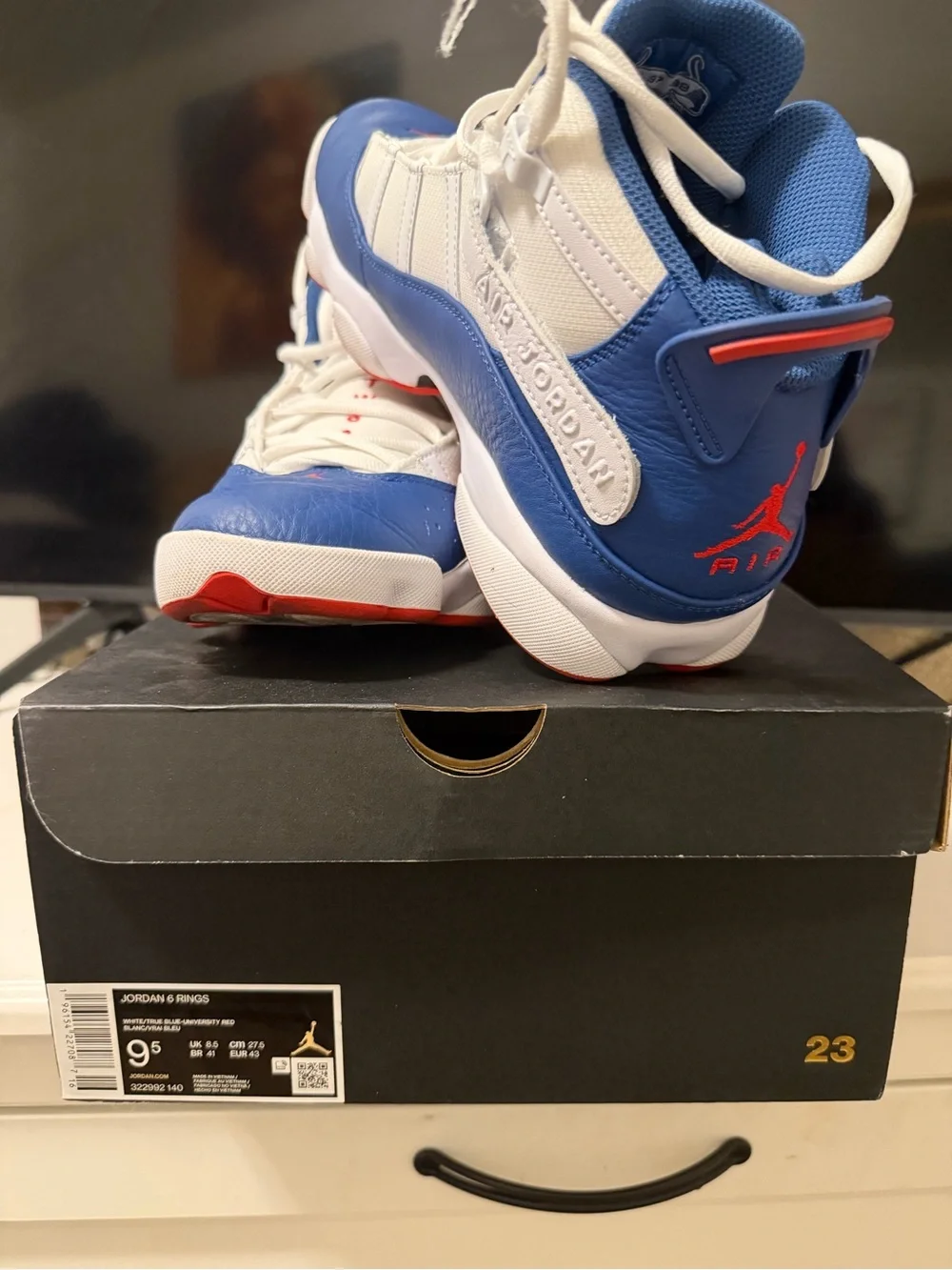 Jordan men’s White, Blue & Red Retro Basketball Sneakers worn twice like new